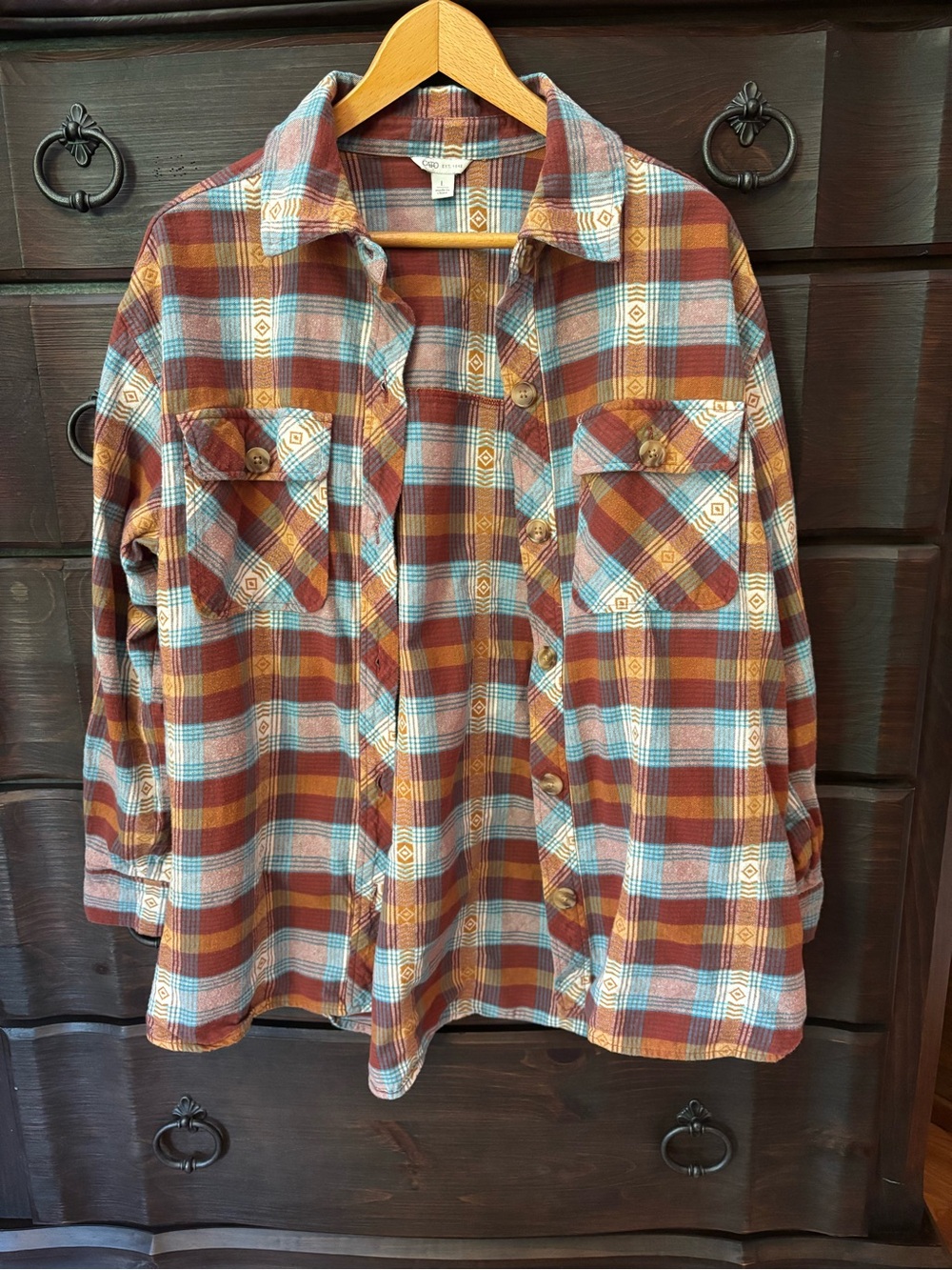 Cato Women’s Plaid Button Down Flannel Shirt, Southwestern Design, Size Large